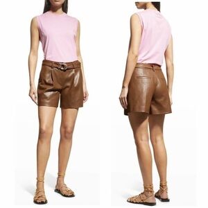 Rebecca Taylor Women’s Vegan Leather Belted Pleated High Rise Short Brown Size 4